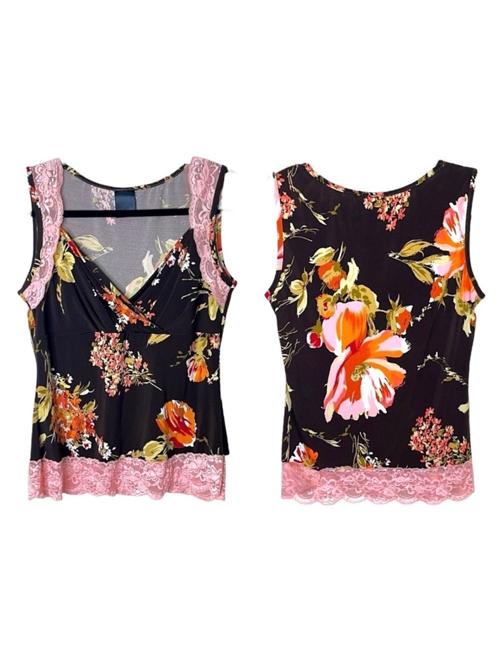 Y2K j.t.b. Floral Print Lace Trim Mock Wrap V Neck Top L Pink Brown Boho Spring